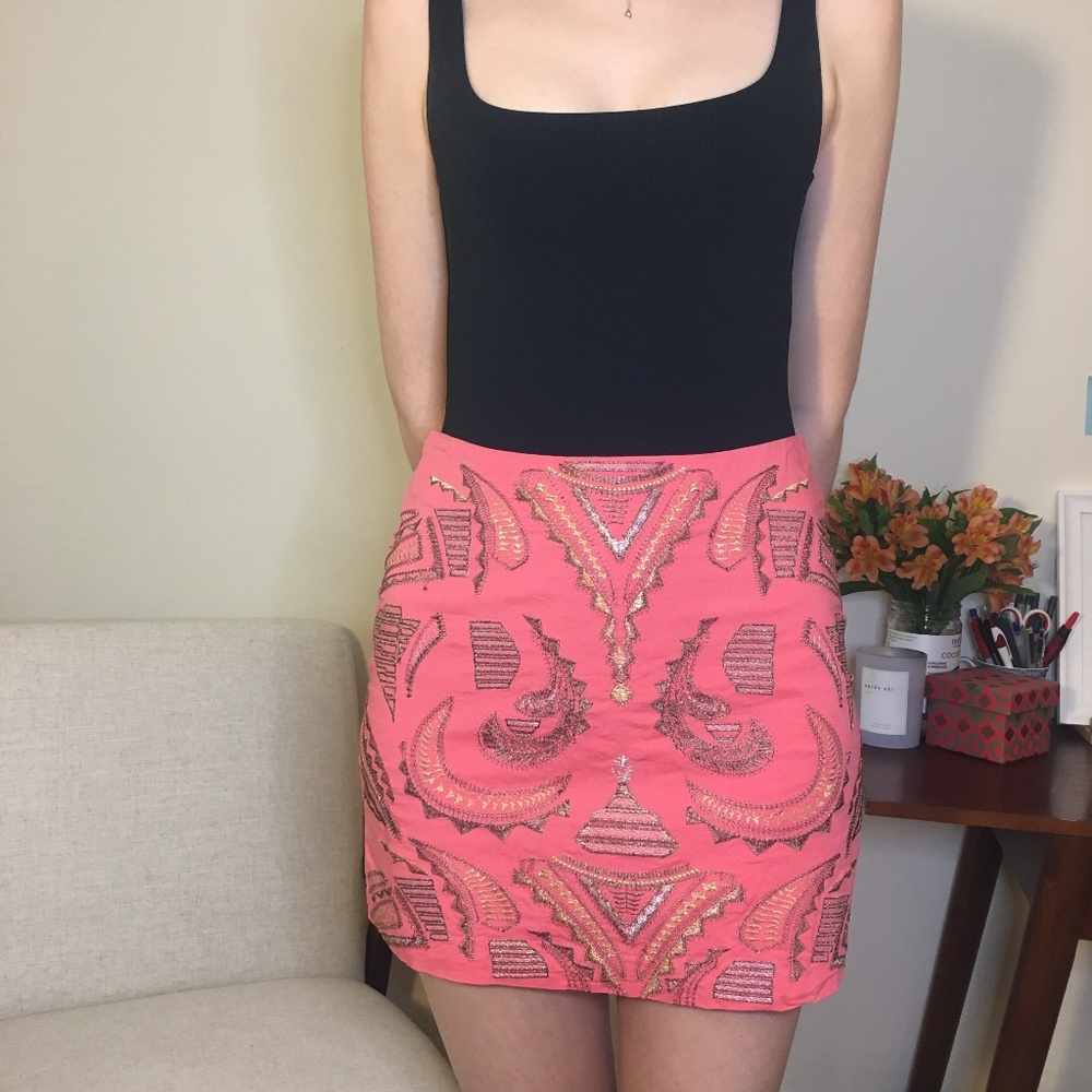 Francesca's Coral Pink Embroidered Mini Skirt 2/4